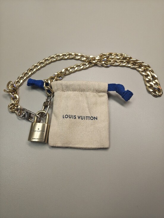 Louis Vuitton Accessories - Louis Vuitton Gold Padlock With Chain and Blue Drawstring Pouch #303